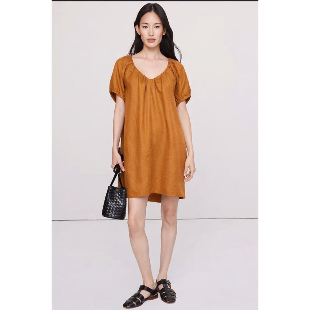 Banana Republic Viscose-Linen Puff-Sleeve Mini Dress Brown Ochre XXL $150